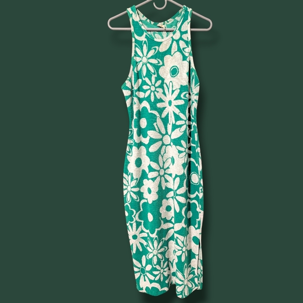 Daily Practice Green White Floral Sleeveless Terry Jacquard Midi Dress Retro M